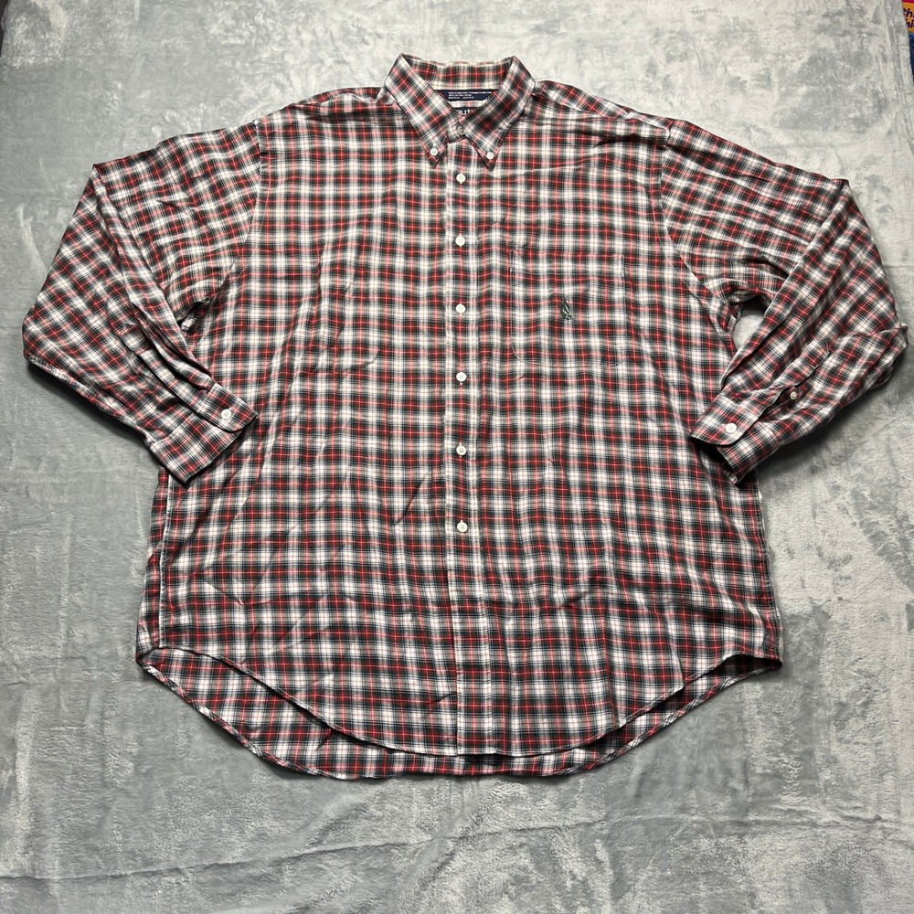 Nautica Button Down Shirt Mens Red Green Plaid Long Sleeve Cotton Logo XXL